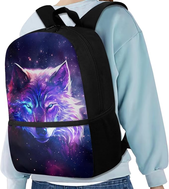 Galaxy Wolf Backpack for Girls Boys Backpack with Lunch Box Water Bottle Holder with Strap and Aesthetic Pencil Case 4PCS Set Bookbag with Front Pocket for School 17 inch School Bag for Kids - Image 2
