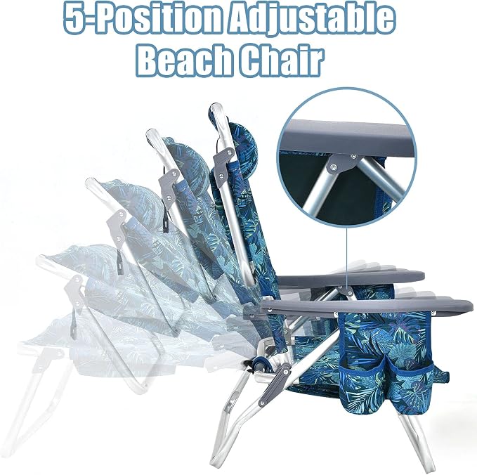 Giantex Folding Beach Chair, Patio Sling Chairs with 5 Adjustable Position, Head Pillow, Storage Bag, Towel Bar, Cup Holders, Backpack Chairs for Sunbathing, Camping Chair - Image 6