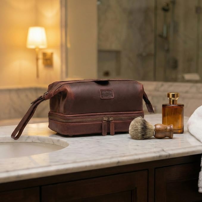 LEATHER VILLAGE Genuine Leather Dopp Kit – Large Travel Toiletry Bag with Waterproof Lining, Dual-Zip Design for Men & Women, Organizer for Shaving, Makeup & Essentials - Cherry - Image 6