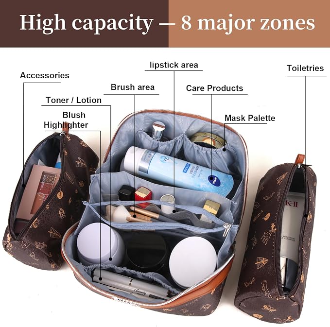 BOYATU Travel Makeup Bag Cosmetic Bags for Women: 3 Pcs Set Portable Make up Bag with Handle - PU Leather Toiletry Bags with Compartments - Makeup Organizer for Travel Essentials(L-1-Brown) - Image 5