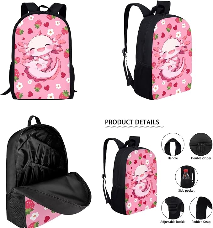 Axolotl Backpack for School Girls 3rd Grade Preppy with Lunch Box Strawberry Bookbag and Lunch Bag Set 17in Elementary Schoolbag Lunch Bag Pencil Case Water Bottle Holder 4 in 1 Back Pack - Image 2