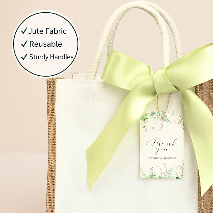 10 Pack Small Burlap Gift Bags with Light Green Ribbons for Bridesmaid, Wedding Welcome Reusable Jute Tote - Image 5