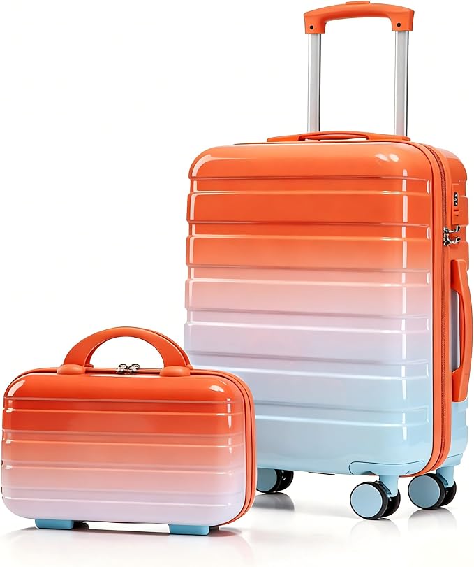 Gradient Color Suitcase 2-Piece Set, 20" Rotating Wheel Suitcase with 14" Cosmetic Case, Lightweight Durable Hardshell Luggage with 360° Spinner Wheels for Travel, Women & Girls (Blue+Red) by Unknown