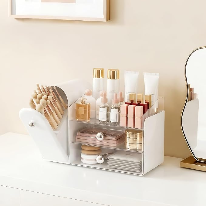 lurcns Makeup Organizer with Dustproof Brush Holder for Vanity, Large Cosmetics Organizer and Bathroom Countertop Skincare Storage with 2 Clear Drawers for Lipstick, Perfume, Eyeshadow Palettes,White - Image 2