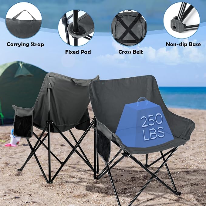 HaSteeL Camping Chair for Adults, Compact Folding Portable Chairs Set with Side Pockets for Outdoors Fishing, Hiking, Backpacking, Picnic, Beach, Travel, Supports to 250lbs, & Storage Bags (Grey) - Image 5