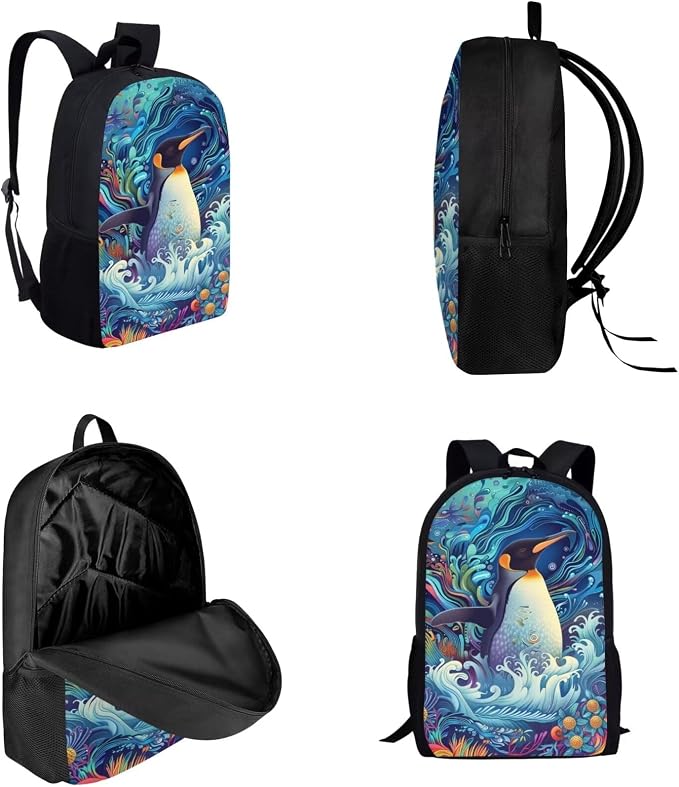 17 Inch Animal Print School Backpack And Lunch Box Set for Kids Lightweight Undersea Penguin Backpack for Boys Girls Sturdy School Bag with Insulated Lunchbox Pencil Case Student Bookbag - Image 3