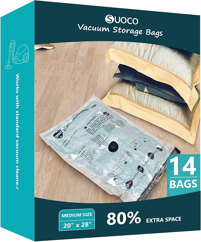Vacuum Storage Bags, Compression Packing Space Saver Seal Bags for Clothing Bedding Comforters Blankets Pillows, 14 Medium by SUOCO