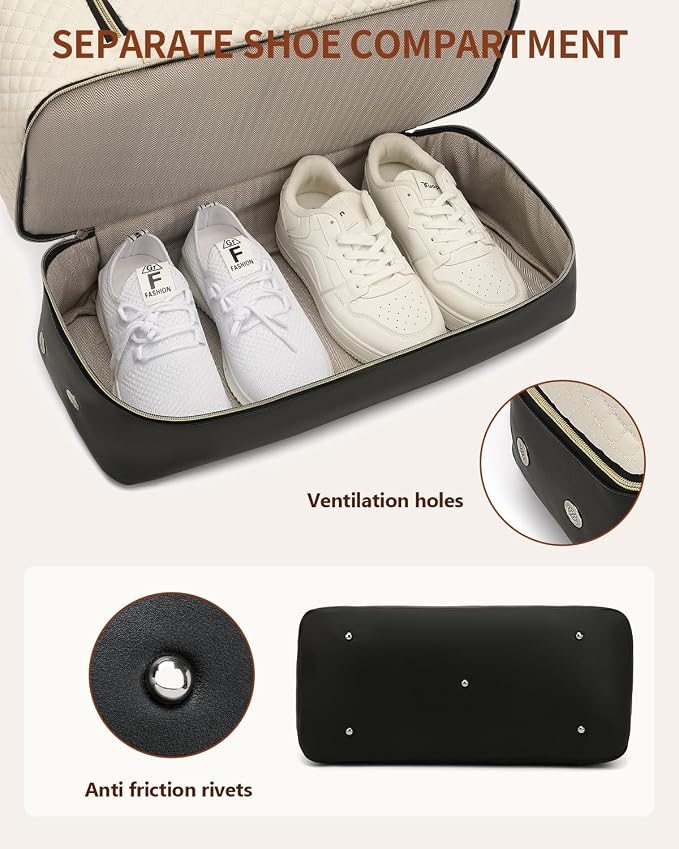 Weekender Bags for Women Travel, Under Seat Carry On Bags for Airplanes Overnight Bag with Shoe Compartment Luggage Sleeve, Foldie Travel Tote Bag Hospital Bag, Travel Gifts, White Black - Image 4