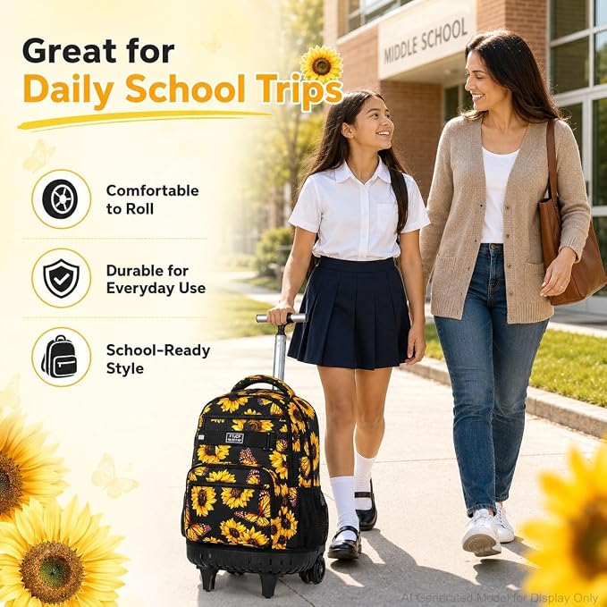 3Pcs Rolling Backpack for Girls, 19 Women Inche Roller Bag with Wheels, Sunflower Wheeled Bookbag Set for Adults(Yellow) - Image 7