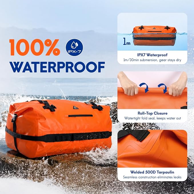 Haimont IPX7 Waterproof Roll-Top Dry Duffel Backpack | 60L/90L Sizes, 500D Tarpaulin, Welded Seams, Mesh Pockets, Boating & Kayaking - Image 2