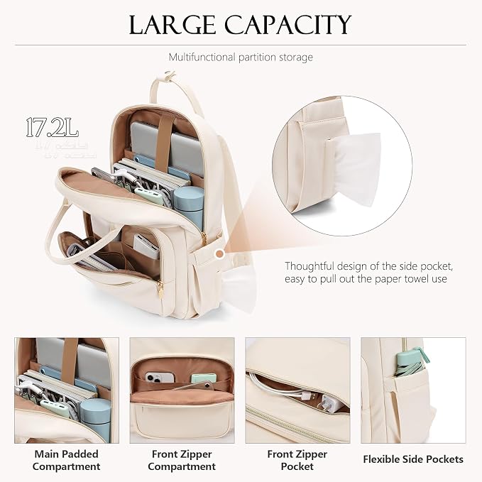 MDODO Laptop Backpack Women,16Inch Teacher Laptop Bag Backpack with Laptop Compartment Waterproof Carry on Daypack Backpack for Work,College,Travel,Trip,Nurse, Beige - Image 3