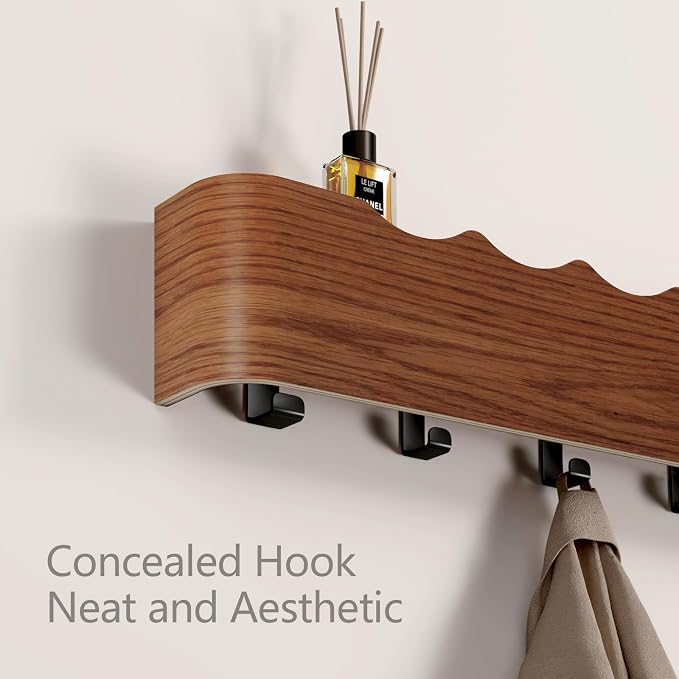 Wall Mounted Coat Rack with Shelf, Wooden Entryway Organizer with Hidden Metal Hooks for Hanging Coats Bags Keys, Modern Floating Shelf for Hallway Bathroom - Image 4