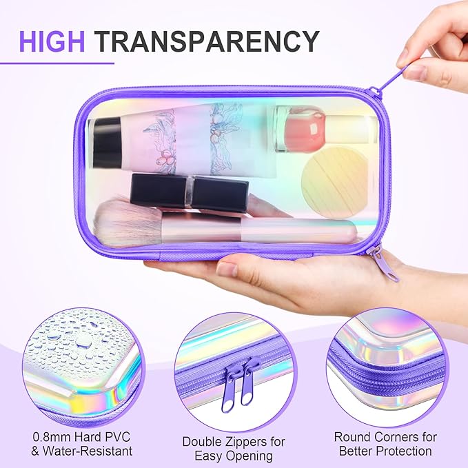 Hoolerry 4 Pcs Hard Clear Zipper Case Makeup Bags Plastic Zipper Pouch Transparent Storage Box Containers for Cosmetics, Snacks, Building Blocks, Puzzles(Clear,7.5 x 3.9 x 2 in,Purple Laser) - Image 3