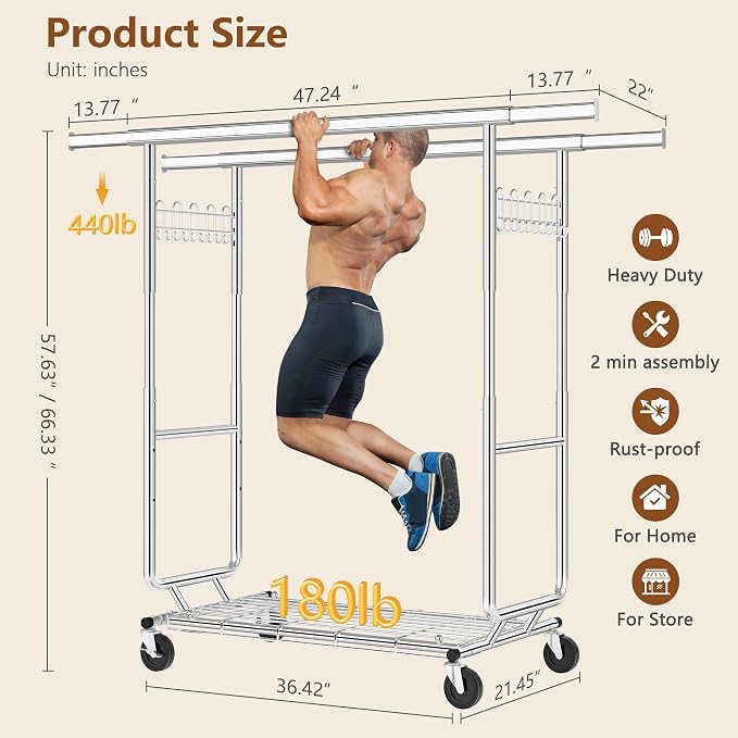 Hoctieon 2-Minute Assembly Double Rod Clothes Rack, Heavy Duty Rolling Clothing Racks with Wheels, Foldable Commercial Garment Rack, Extendable Hanging Bar, Adjustable Metal Pole with Hooks, Chrome - Image 9