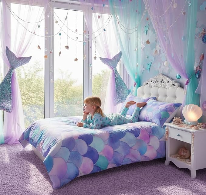 Erosebridal Fish Scales Duvet Cover King Size Girls Boys Kids Pink Purple Blue Mermaid Scales Pattern Comforter Cover for Adult Women Bedroom Decor Soft Bedding Set Ocean Theme Colorful Bedspread - Image 3