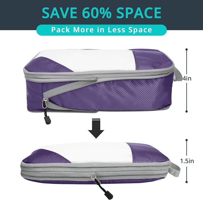 9 Set Compression Packing Cubes for Travel - Compressible, Lightweight, and Space-Saving Packing Cubes, Travel Essentials for Women, Purple - Image 2