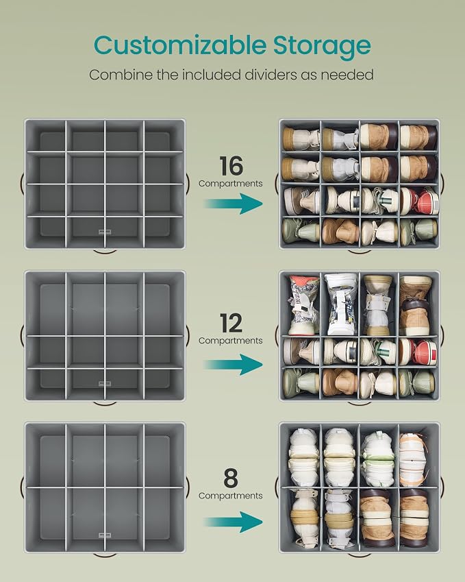 SONGMICS Shoe Organizers for Closet, Pack 2 Shoe Storage Bins, Fits 32 Pairs, Fabric Containers with Handles and Clear Cover, Adjustable Dividers, Customizable, Dove Gray ULSP556G01 - Image 4