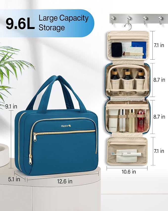 Hanke Hanging Travel Toiletry Bag for Women, Water-Resistant Makeup Organizer with Hook, Cosmetic Bag for Bathroom & Travel Essentials Accessories, Navy Blue - Image 5