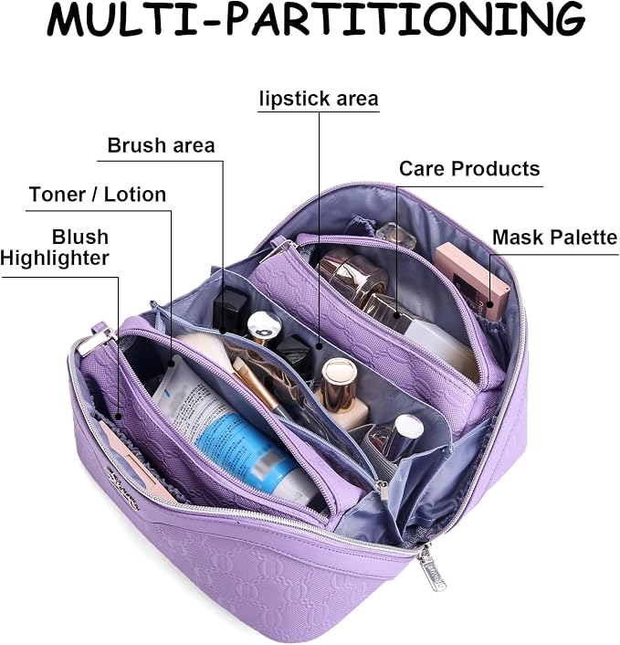 BOYATU Travel Makeup Bag for Women: Cosmetic Organizer Bag with Compartments - Leather Make up Bags Set of 3 (G-1-Purple) - Image 7