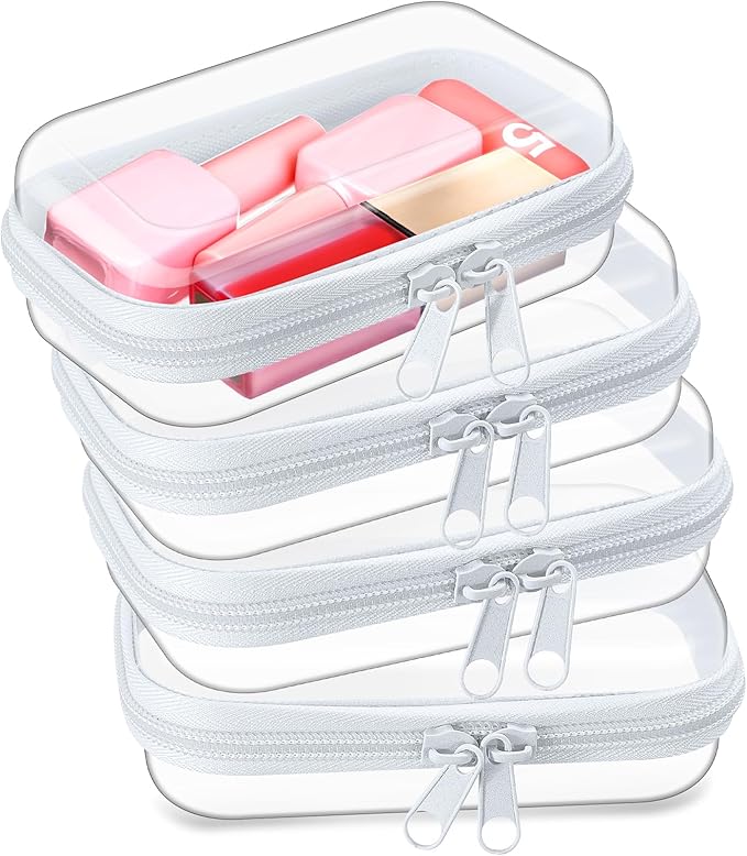Hoolerry 4 Pcs Hard Clear Zipper Case Makeup Bags Plastic Zipper Pouch Transparent Storage Box Containers for Cosmetics, Snacks, Building Blocks, Puzzles(Clear,5 x 3 x 2 in,White) by Hoolerry