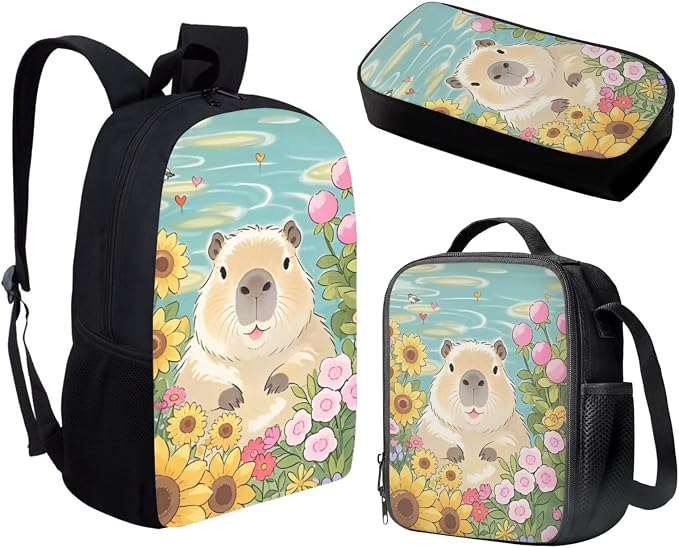 Forchrinse Capybara School Backpack for Girls 8-12 12-14 Primary School Girls Bookbag with Lunchbox Pencil Case 3 In 1 Elementary Students Schoolbags Back Pack Purse Travel Daypack Satchel - Image 2