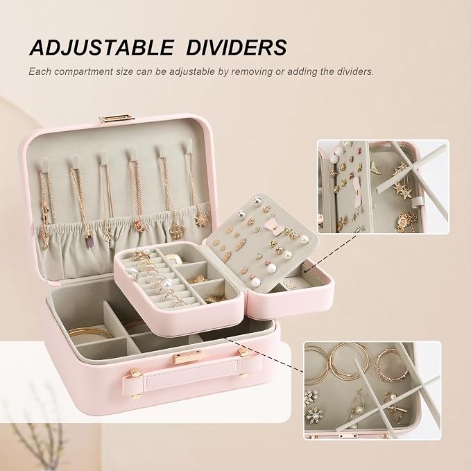 Large Jewelry Travel Organizer, Large Travel Jewelry Box with Removable Jewelry Tray, 2-Layer Jewelry Boxes for Women, Pink - Image 8