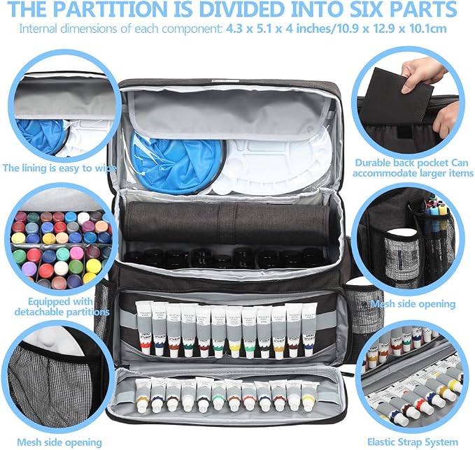 Acrylic Paint and Brush Set Organizer Bag - Carrying Case Compatible with Apple Barrel, Shuttle Art, Caliart Art Supplies - Includes Detachable Paint Brush Holder - for Home/Travel/Outdoor (Pro Black) - Image 3