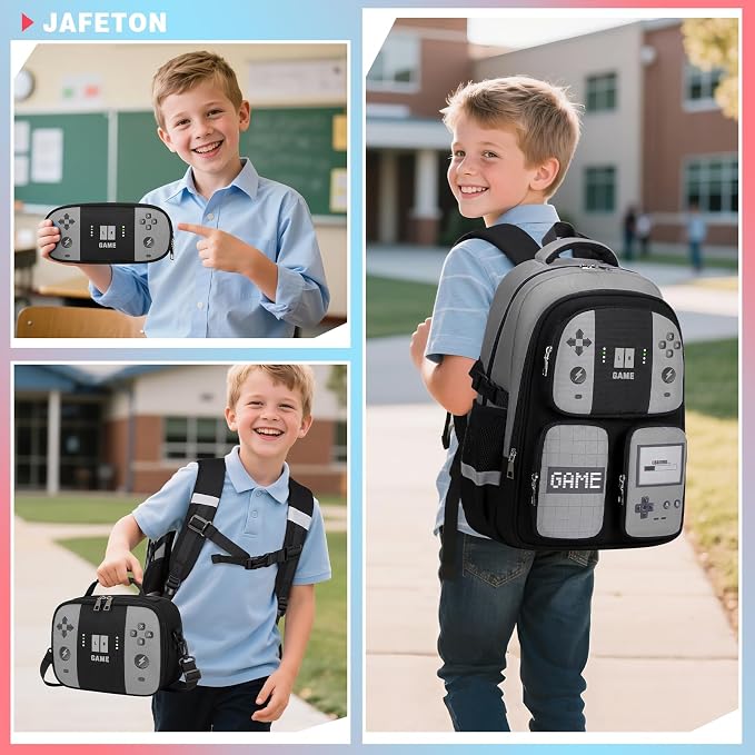 Jafeton Gamer Backpack for Boys, 3PCS Boys Backpack with Lunch Box & Pencil Pouch, Waterproof School Bags for Boy Kids Children Teens, Elementary Middle School, Kids Book Bag Casual Daypack (Gray) - Image 8