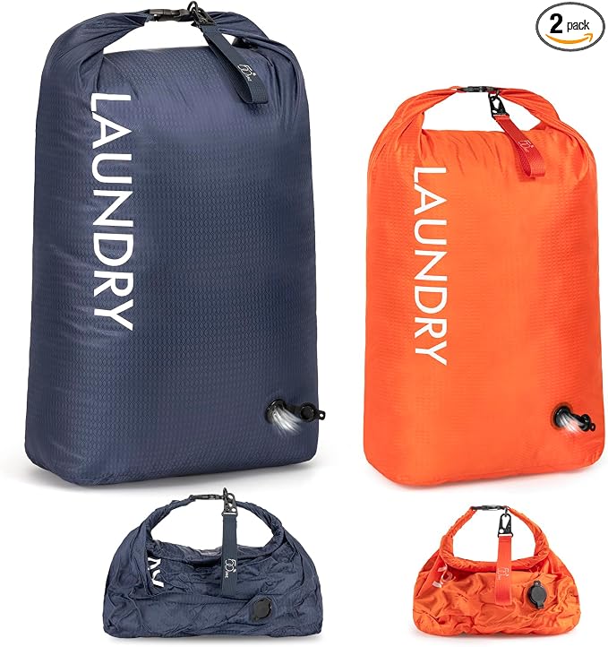 WiseBoy Compression Laundry Bag 2 Pack, Pump-Free Travel Laundry Bag for Dirty Clothes, Waterproof Wet Dry Bag, Space Saving Packing Organizer for Suitcase, Gym & Swim (Navy Blue & Orange) by WiseBoy