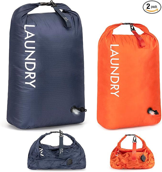 WiseBoy Compression Laundry Bag 2 Pack, Pump-Free Travel Laundry Bag for Dirty Clothes, Waterproof Wet Dry Bag, Space Saving Packing Organizer for Suitcase, Gym & Swim (Navy Blue & Orange) by WiseBoy