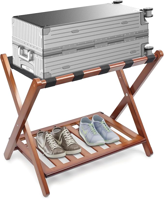 Smuxee Fully Assembled Walnut Luggage Rack, Upgraded Bamboo Foldable Suitcase Stand with 5 Nylon Straps, Luggage Holder with Shelf for Guest Room Bedroom Hotel - Image 8