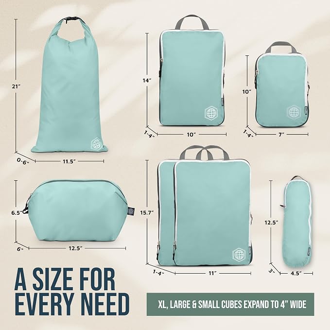 Large Compression Packing Cubes for Travel-Packing Cube Luggage Organizers 7 Piece Set for Checked Luggage-Ultralight, Expandable/Compression Bags by TRIPPED Travel Gear (DustyTeal/White) - Image 4