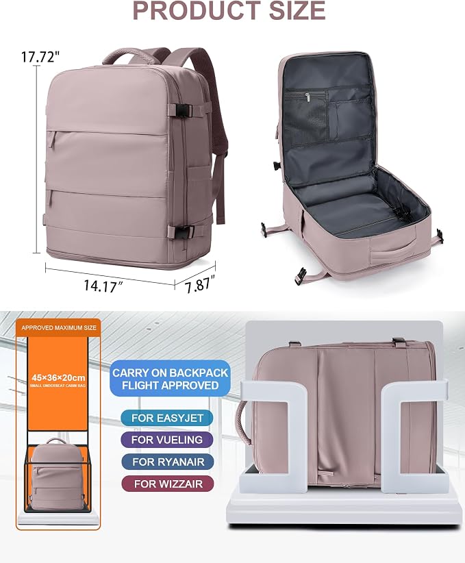 coowoz Large Travel Backpack Carry On for Women Man Waterproof Gym Backpacks with Laptop Compartment Mochila de Viaje Teacher Personal Item Backpack Rucksack Airplane Accessories Must Haves Lotus Pink - Image 3