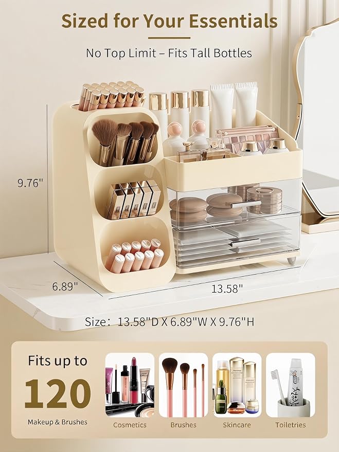 Booklov Large Makeup Organizer for Vanity and Bathroom Countertop, Cream | Clear Acrylic Cosmetic Display Case, Beauty Brush Holder for Dresser Counter Skincare Eyeshadow Lipstick Perfume Storage - Image 2