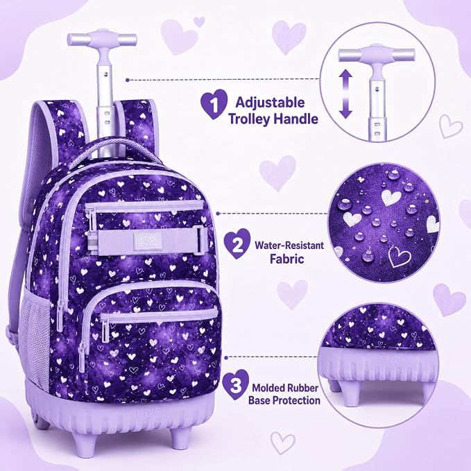 3Pcs Rolling Backpack for Girls, 19" Kids Wheeled Bookbag with Lunch Box, Roller Bag for Elementary Travel (Purple) - Image 5