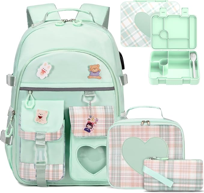 ACESAK Girls Backpack - Bento Box with Insulated Lunch Bag Pencil Case & Utensils Set for Kids, 6 Leakproof Compartments Removable Tray Lunches or Snack Container for School (Green) by ACESAK
