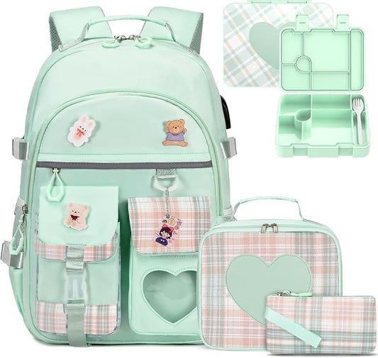 ACESAK Girls Backpack - Bento Box with Insulated Lunch Bag Pencil Case & Utensils Set for Kids, 6 Leakproof Compartments Removable Tray Lunches or Snack Container for School (Green) by ACESAK
