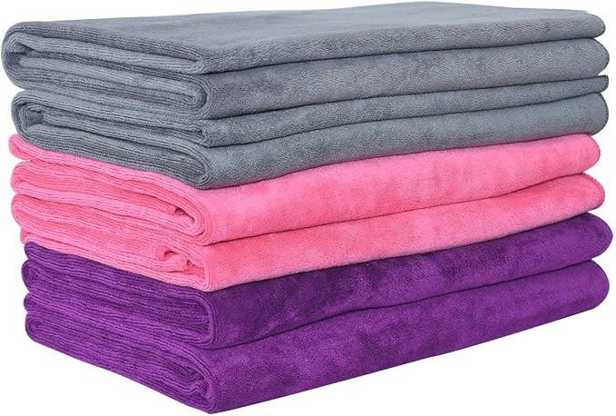 JML Microfiber Towels, Beach Towel Sets (6 Pack, 27" x 55") - Extra Absorbent, Fast Drying, Multipurpose for Bath, Swimming, Fitness, Sports, Yoga, Grey/Pink/Purple by JML