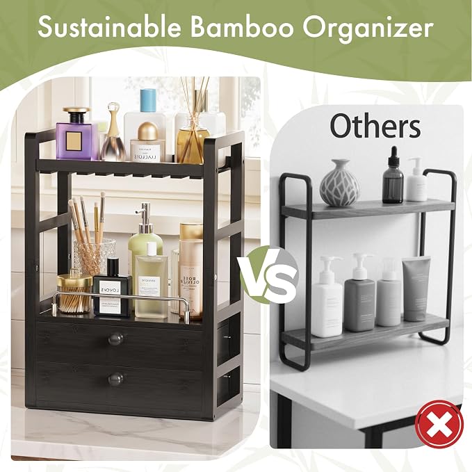 AmazerBath Bamboo Bathroom Countertop Organizer, 2-Tier Makeup Organizer with 2 Drawers, Vanity Organizer Storage Coffee Matcha Station, Compact Shelf for Bathroom Kitchen Office, Black - Image 6