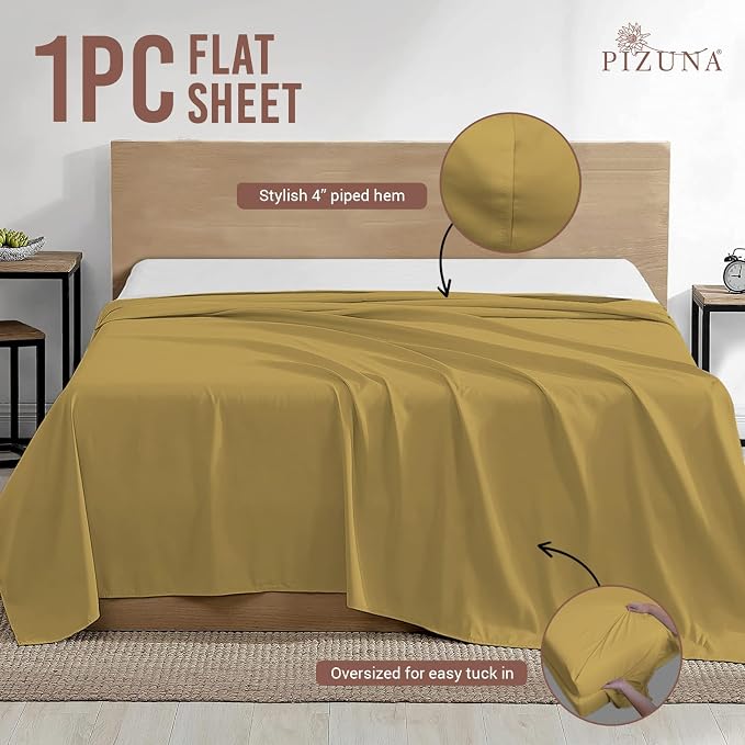 Pizuna Pure 100% Cotton Flat Sheets Only Full Mustard Gold (1 PC), Luxurious 400 Thread Count Long Staple Cotton Sateen with 4" Hem (Combed Full Flat Sheet Only Cotton) - Image 3