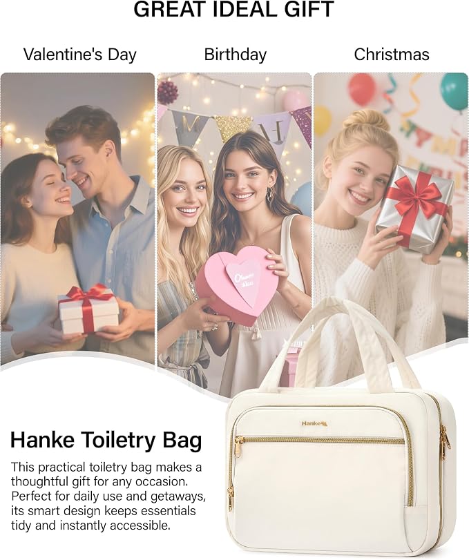 Hanke Hanging Travel Toiletry Bag for Women, Water-Resistant Makeup Organizer with Hook, Cosmetic Bag for Bathroom & Travel Essentials Accessories, Off White - Image 8