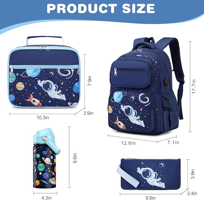 Bevalsa Kids Backpack for Boys with 14oz Insulated Bottle, School Bags for Kids & BPA-FREE Stainless Steel Metal Bottle with Straw Lid for Elementary Middle School Student (Space) - Image 2