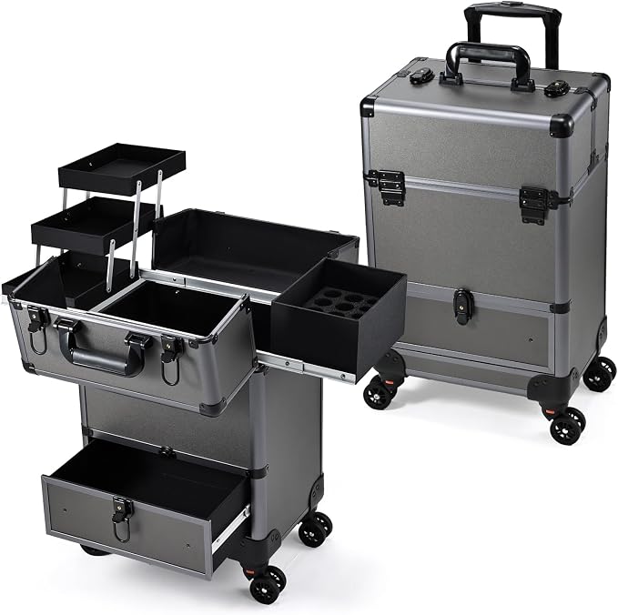 Hododou Rolling Makeup Case Cosmetic Travel Trolley Storage Sliding Drawer 4 Tray Makeup Travel Case with Wheels Salon Barber Case Traveling Cart Trunk for Cosmetologist Nail Tech Hairstylist Grey by Hododou