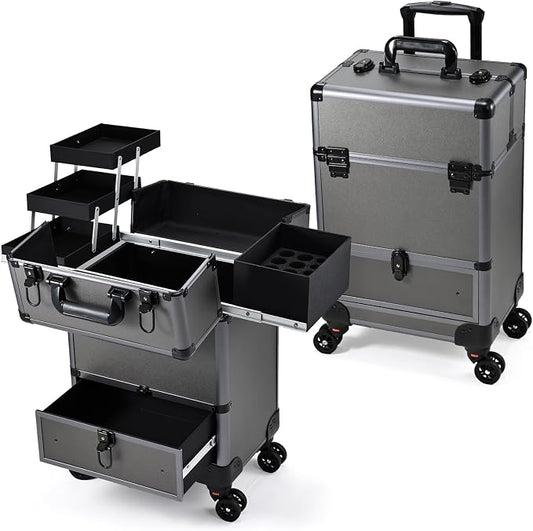 Hododou Rolling Makeup Case Cosmetic Travel Trolley Storage Sliding Drawer 4 Tray Makeup Travel Case with Wheels Salon Barber Case Traveling Cart Trunk for Cosmetologist Nail Tech Hairstylist Grey by Hododou