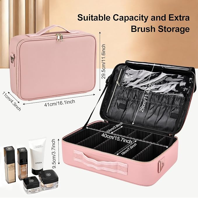 Large Travel Makeup Case, Professional Makeup Train Case Organizer for Women, Cosmetic Brush Bag Holder Waterproof Makeup Artist Storage Box with Adjustable Dividers and Shoulder Strap, Leather Pink - Image 2