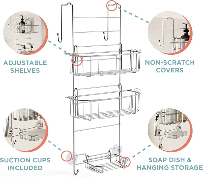 Zenna Home Shower Caddy Hanging Over the Shower Door Organizer, Stainless Steel Rack with 2 Shelves and Built in Hooks, Bathroom Organizer Shelf for Inside Shower, Stainless Steel - Image 3