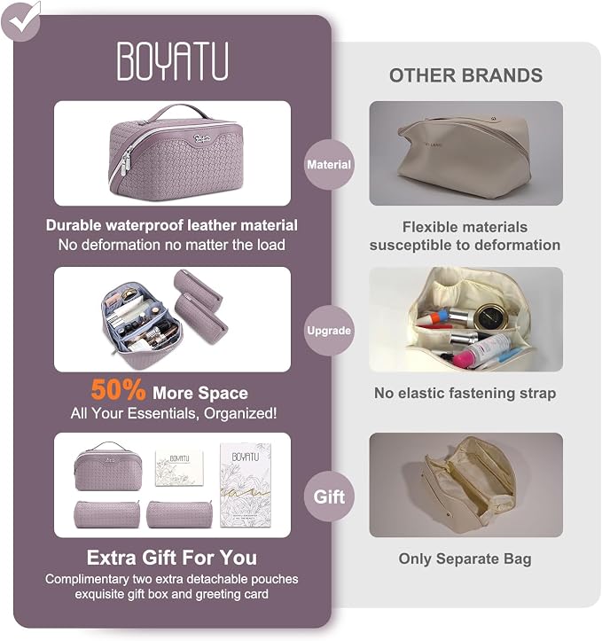 BOYATU Travel Makeup Bag Cosmetic Bags for Women: Large Capacity 3 Pcs Set Make up Bag with Compartments - Waterproof Vegan Leather Toiletry Organizer Bags with Handle (L55Light Purple) - Image 3
