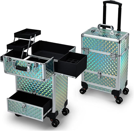 Hododou Blue Rolling Makeup Case with Drawer Travel Trolley Cosmetology Case on Wheel Makeup Storage Salon Barber Case Traveling Cart Trunk for Cosmetologist Nail Tech Hairstylist by Hododou