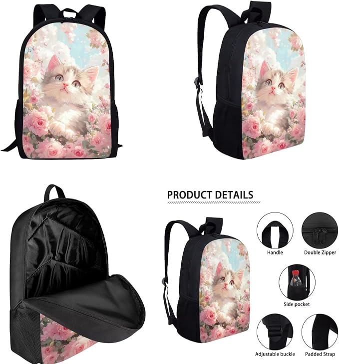Cat Backpack Lunchbox Set for Girls 4-6/6-8/8-10 Pink Flower Kids Bookbags for 2nd Grade Elementary School Back Pack 4 in 1 Middle Book Bags Lunch Bag Pencil Case Water Bottle Carrier - Image 2