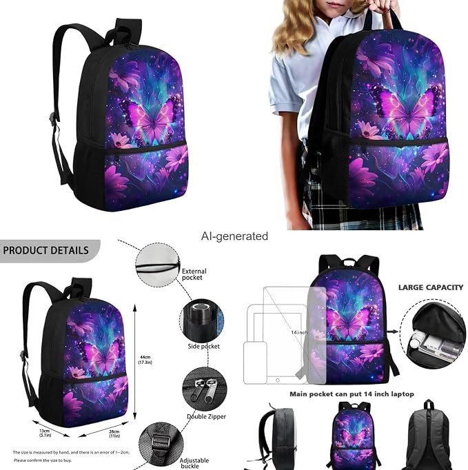Galaxy Butterfly Backpack for Girls Kids Backpack with Lunch Box Water Bottle Pouch and Soft Pencil Case 4PCS Set Bookbag with Front Pocket for School Teens 17 inch School Bag with Side Pocket - Image 3
